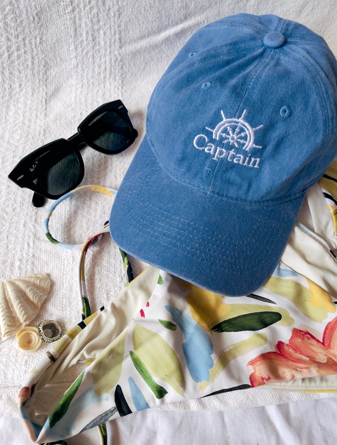 Blue and white embroidered captain cap relaxed fit hat Australia boat 