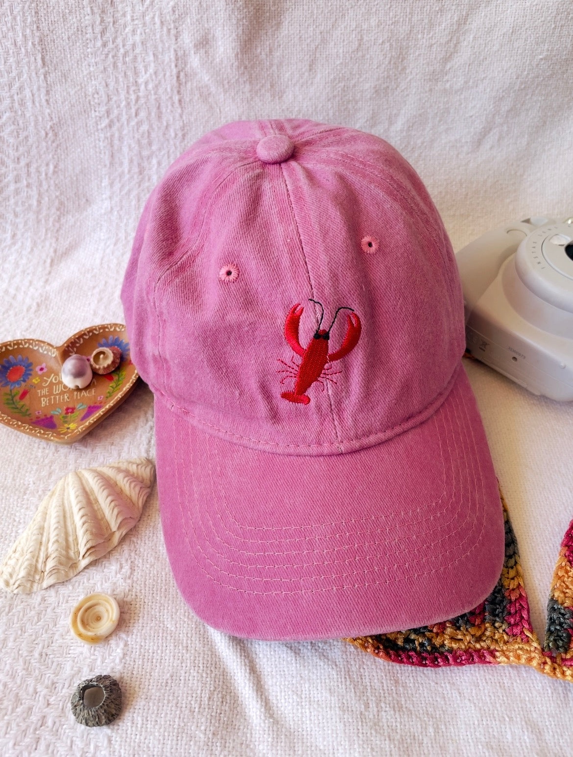 Pink and red lobster embroidered hat